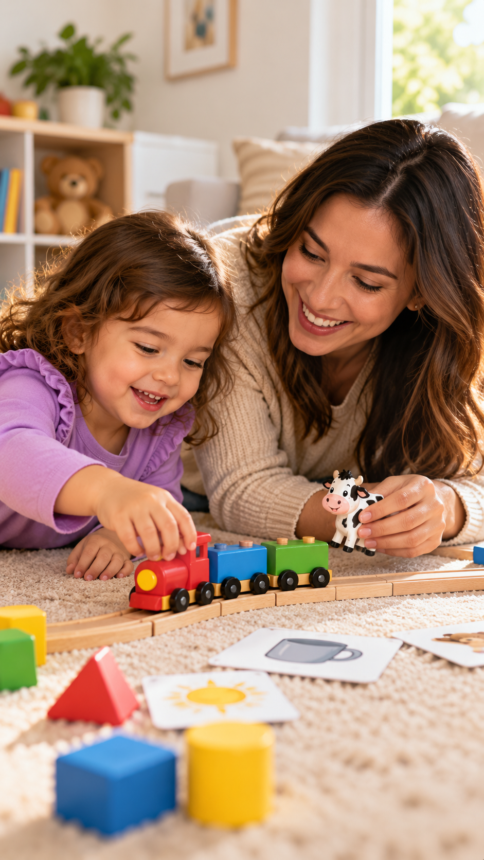 Parent and child playing together with a wooden toy train