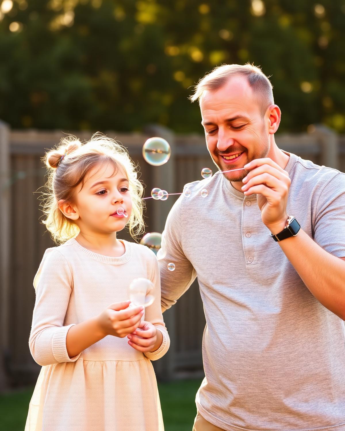 A father and young daughter blowing bubbles in a sunlit backyard