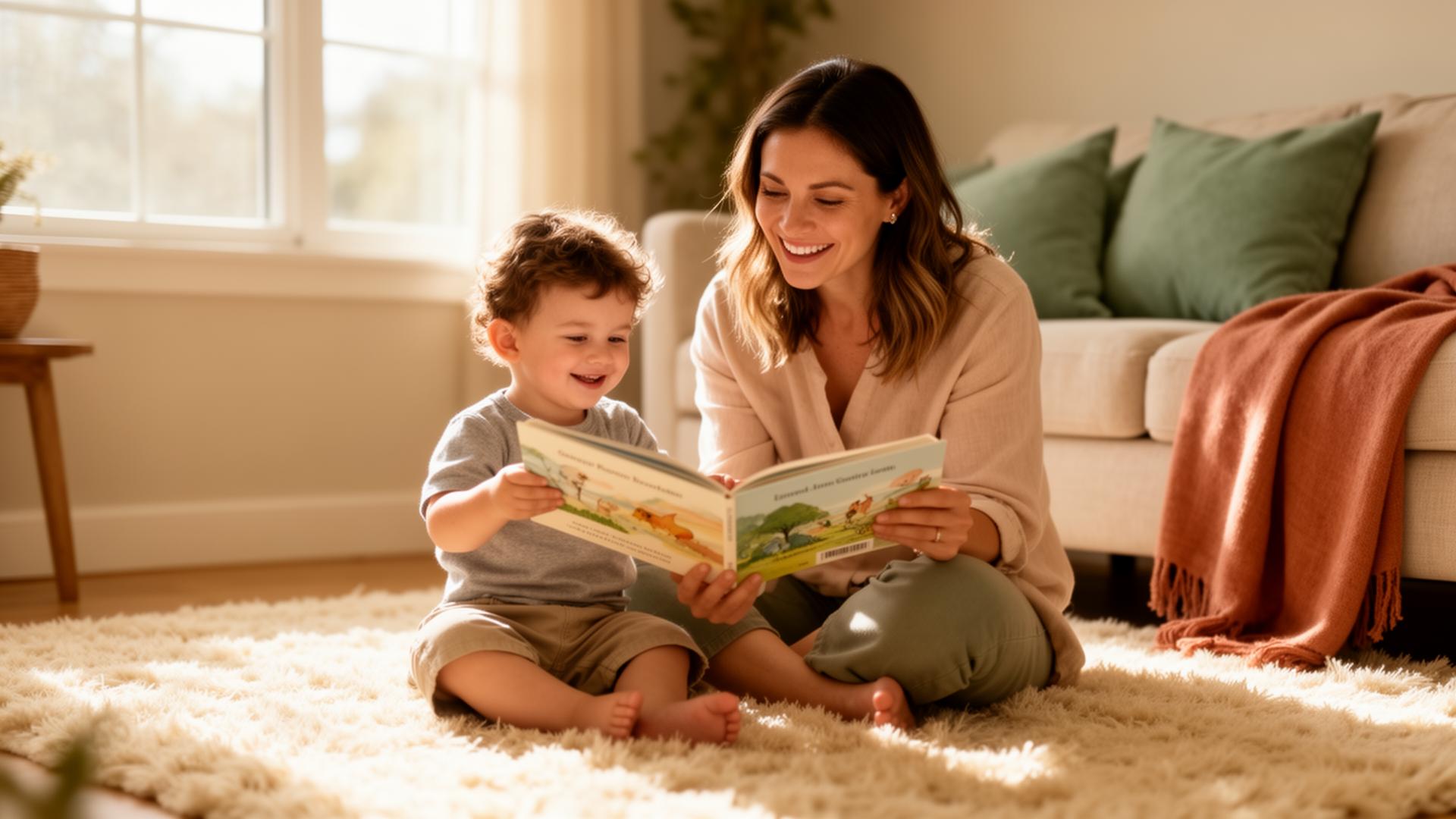 A mother and young son reading a picture book together on a soft rug